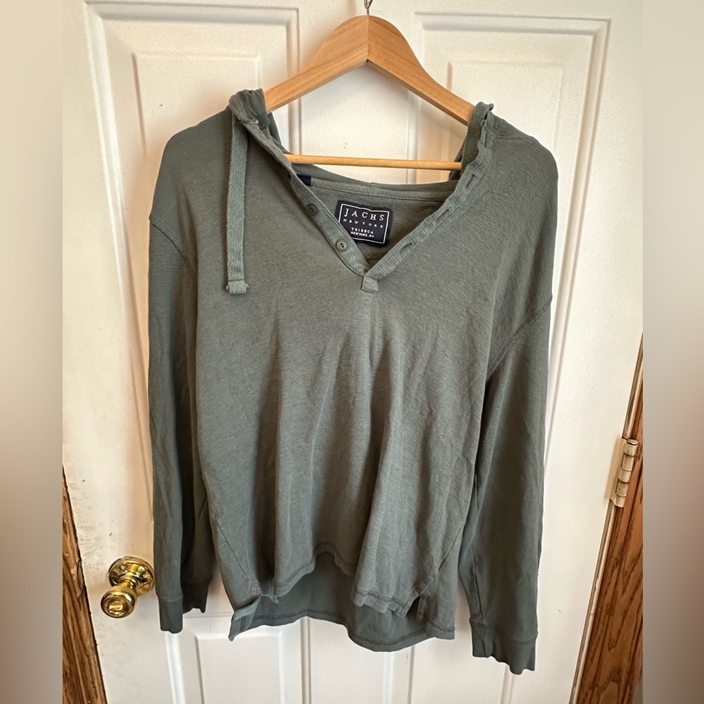 ⭐️Jachs New York Mens Hooded Henley Top Size L Green 100% Cotton comfy casual